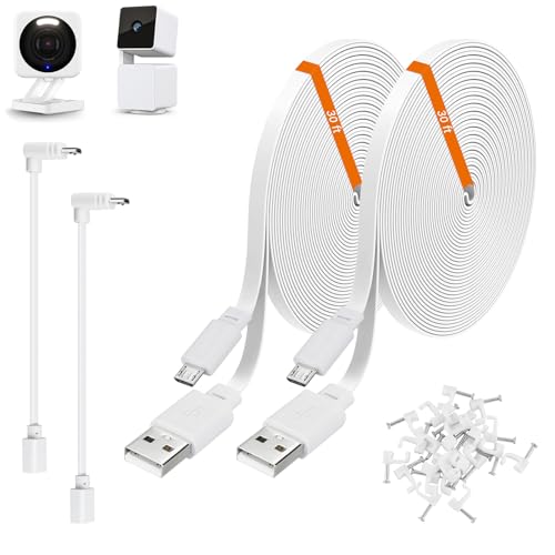 2 Pack 30ft Power Extension Cable Compatible with Wyze Cam v4,Wyze Cam Pan v3,Wyze OG,Wyze Cam v3 and v3 Pro Security Camera - 9m Long Flat USB to Micro USB Charging Cord with L-Shaped Adapter, White - color: White, size: 30 Feet
