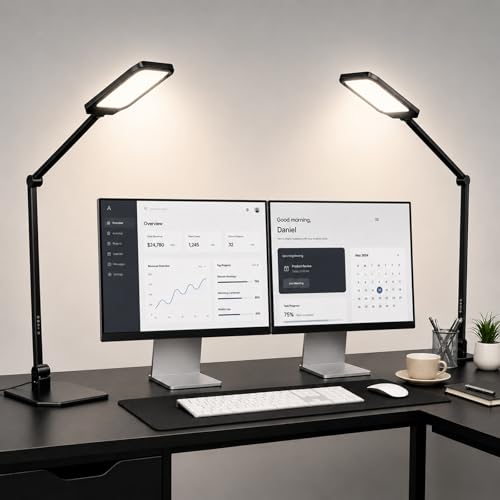 NS Desk Lamp 2 Pack for Home Office, LED Desk Lamp with Webcam Light for Video Calls, Dimmable 3000K-6500K Desk Light with Remote, Timer, Memory, Adjustable Swing Arm, CRI95+ - color: Black 2 Pack