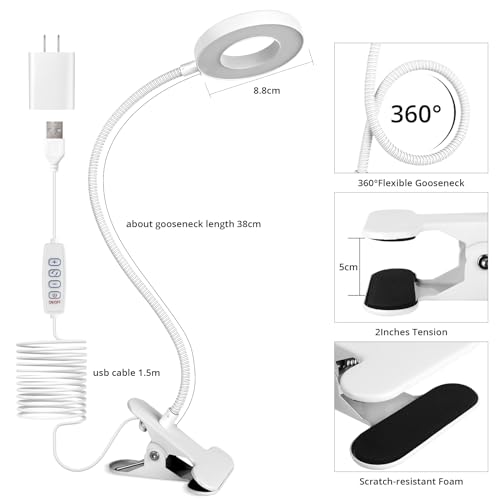 Woputne Desk Clip on Lamp for Reading Home Office, with 5V 2A Adapter, 10 Dimmable Brightness 3 Modes, Clamp Reading Light for Bed Headboard, Craft (White) - size: White-1 Piece-Standard-With Adapter