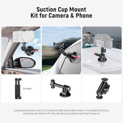 Neewer 3" Suction Cup Camera Mount Bracket with Ball Head Magic Arm, 1/4" ARRI Holes, Quick Release Car Mount with Phone Holder & Action Cam Adapter Compatible with iPhone DJI Insta360, CA104 - style: CA104