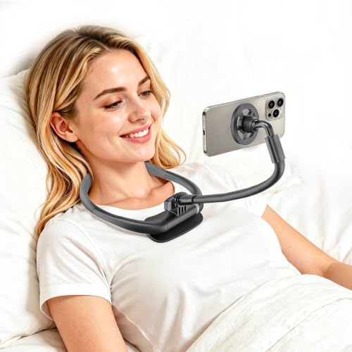 LenTok Magnetic Neck Phone Holder for Reading in Bed, One-Hand Operation Comfortable Lazy Cell Phone Mount for iPhone, Around Neck for Video Recording Watch Movies - color: Grey