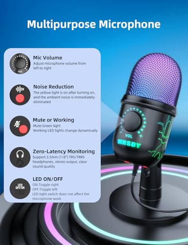 MRSDY USB Gaming Microphone for PC with Noise Reduction, Mute, Gain, RGB | Condenser Mic, Headphone Jack, Suitable for PC, Computer, PS4, PS5, Mac, Streaming, Podcasting, Recording, YouTube, Discord