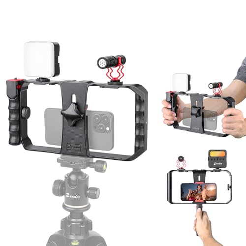 Zeadio All-in-One Smartphone Video Rig Kit, Variable Phone Cage Rig with RGB Video Light, Shotgun Microphone, Universal Video Stabilizer for iPhone/Android Filmmaking Vlogging YouTube TikTok etc - style: Pro Kit