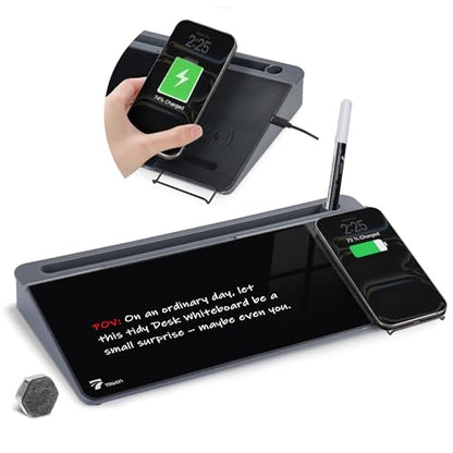 TOWON Glass Desk Whiteboard with Wireless Charger, Desktop Dry Erase Board with Storage & Phone Stand – Compact ~16 x 7 in, Black – Includes Marker & Eraser, Tempered Glass, Rewrite Reusable - color: Charger Black