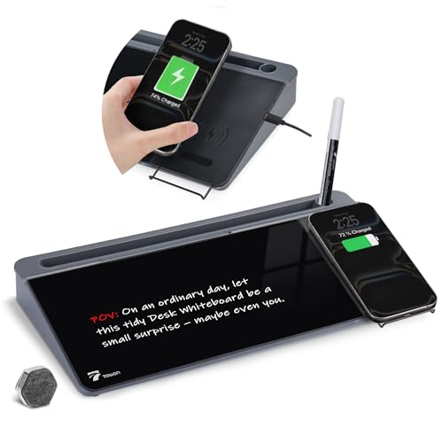 TOWON Glass Desk Whiteboard with Wireless Charger, Desktop Dry Erase Board with Storage & Phone Stand – Compact ~16 x 7 in, Black – Includes Marker & Eraser, Tempered Glass, Rewrite Reusable - color: Charger Black