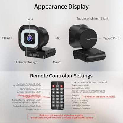 TOALLIN 4K Webcam with Ring Light, Remote Control, PDAF Autofocus, 1/2.5" Sensor & 12MP, Built-in Dual Mics, 5X Digital Zoom and Image Mirroring, Web Camera for Live-Streaming/Meetings/Video Calls - style: 4K Webcam with Ring Light