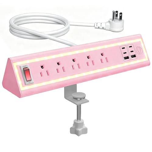 Desk Clamp Power Strip with Nightlight, 40W Fast Charging, 10FT Extension Cord, 4x20W USB-C & 2 USB Ports, 5 AC Outlets, Fits 1.69-Inch Table Edges - color: Pink 10 FT
