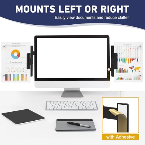 HAUTOCO Monitor Mount Document Clip, Document Holder for Typing Clips to Laptops & Monitors, Adjustable Removable Stand, Adhesive Mounts Left or Right, Holds Up to 10 Sheets for Recipes, Study, Office