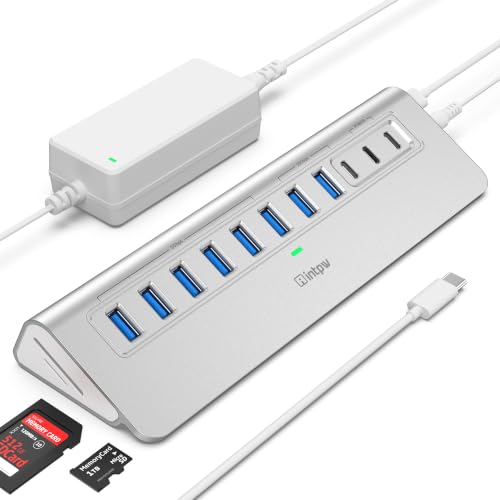 Powered USB Hub 10Gbps, intpw YH9AC Plus 13 Port USB 3.2 Hub(USB A/USB C 3.2+6 USB-A 3.0+2 PD 45W Fast Charging Ports+SD/TF Card Reader), 65W Power Adapter,Aluminum USB HUB for PC,Laptop,iPhone 17/16 - color: Silver, size: 9 Data+2 PD Charging Ports +SD&T
