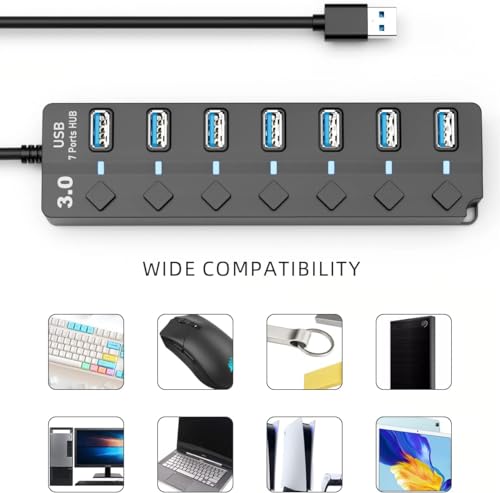 Eanetf USB 3.0 Hub, 7-Port with Individual On/Off Switches & LED Indicators, 5Gbps High-Speed Data Hub for Laptop, PC, MacBook, Surface Pro, PS5, HDD, Flash Drive (4ft Cable)