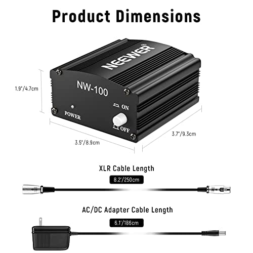 Neewer 1-Channel 48V Phantom Power Supply with Adapter, BONUS+XLR 3 Pin Microphone Cable for Any Condenser Microphone Music Recording Equipment (8 feet) - style: NW-100