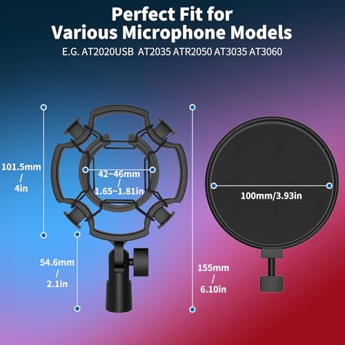 Microphone Shock Mount with Pop Filter, Universal Anti-Vibration Mic Holder for 42~46mm/1.65~1.81in Diameter Studio Condenser Mic, Mic Shock Mount, Mic Clip Holder