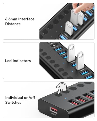 Powered USB Hub, AGEEN 16-Port USB 3.0 Hub (10 USB-A 3.0+2 QC 24W Fast Charging+2 Smart Charging+2 USB-C 3.0 Ports), 12V/8A 96W UL Certified Power Adapter for PC, Laptop, HDD, Flash Drive