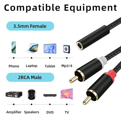 3.5mm Female to 2 RCA Male Stereo Cable, 3.5mm to RCA Bi-Directional AUX Auxiliary Y Cable Gold Plated Adapter Compatible for TV,Smartphones, MP3, Tablets, Speakers,Home Theater - size: 1M/3.3FT