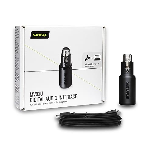 Shure MVX2U XLR-to-USB Digital Audio Interface, Headphone Jack, 60dB Gain, Zero-Latency Monitoring, 48V Phantom Power, ShurePlus App, USB-C Cable