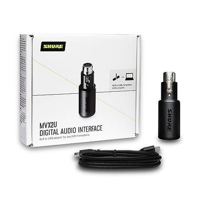 Shure MVX2U XLR-to-USB Digital Audio Interface, Headphone Jack, 60dB Gain, Zero-Latency Monitoring, 48V Phantom Power, ShurePlus App, USB-C Cable