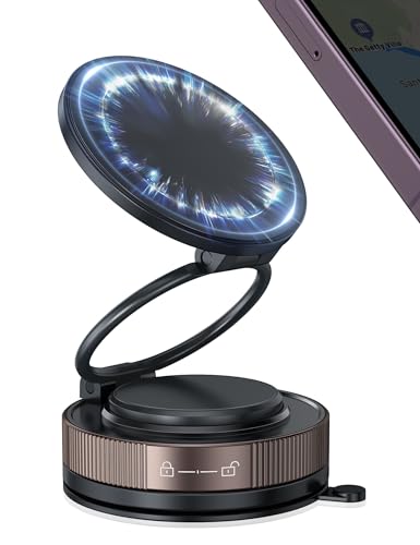 ACAGET 360° Adjustable Vacuum Suction Magnetic Phone Holder for MagSafe Car Mount, Suction Cup Makeup Mirror Tripod Phone Bracket Mount for Vlog Video Recording, Zinc Alloy Vacuum Magnetic Car Holder