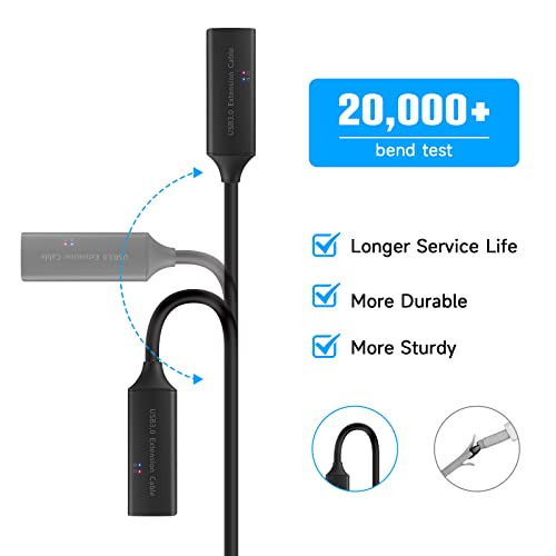 USB 3.0 Active Extension Cable, 32 Feet USB 3.0 Male to Female Extender Cord with 5V 2A Power Adapter, 2 Chipsets Signal Booster for VR, Webcam, Xbox, PS4, Keyboard, Printer, etc