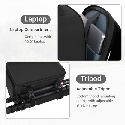 MOSISO Camera Backpack, DSLR/SLR/Mirrorless Photography Camera Bag, Waterproof Hardshell Case with Lens Pouch&Tripod Holder&15.6 inch Laptop Compartment Compatible with Canon/Nikon/Sony, Black - color: Black
