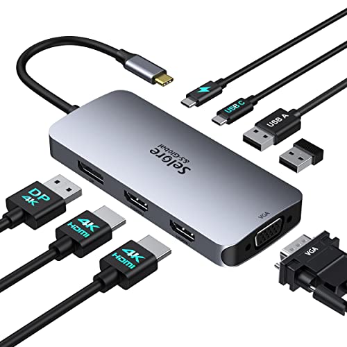 USB C Docking Station Dual HDMI Monitor Adapter, Selore USB C Hub 3 Monitors with Dual HDMI, Displayport, VGA, 100W PD Charging, 3USB 2.0 Ports Adapter for Dell XPS, HP, Lenovo, etc - color: Gray