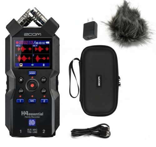 Zoom H4essential 4-Track 32-Bit Float Portable Audio Recorder Bundle with Zoom APH-4e Accessory Pack with Hairy Windscreen, Padded Shell Case, AC Adapter, & USB C-Cable - style: H4essential + APH-4E Accessory Pack