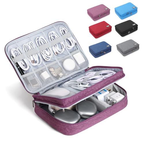 Large Electronic Organizer Travel Case, Double Layer Tech Accessories Bag with 3 DIY Adjustable Dividers, Waterproof Padded Cable Storage Pouch for Camera Gear, Power Bank, Hard Drive, Mouse - color: purple