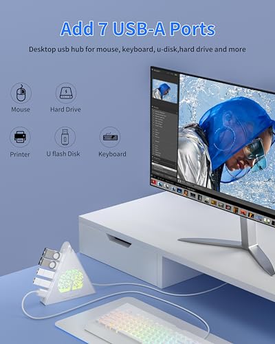 7-Port USB 3.0 Hub, White Vertical USB Hub Splitter with Tree-Shaped RGB Lighting, 5Gbps High-Speed Transfer, 2FT Extension Cable, Compatible with PC, MacBook, Laptop, Flash Drive, Printer - color: 1-Tree White