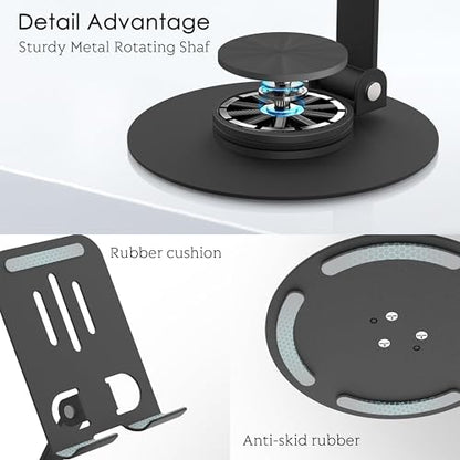 Metal Cell Phone Stand for Desk, Multi-Angel Adjustable 360° Rotation Desktop Phone Holder and Foldable Mobile Phone Stand, Compatible with iPhone 17 16 Pro Max and All Smartphones, Black - color: Black