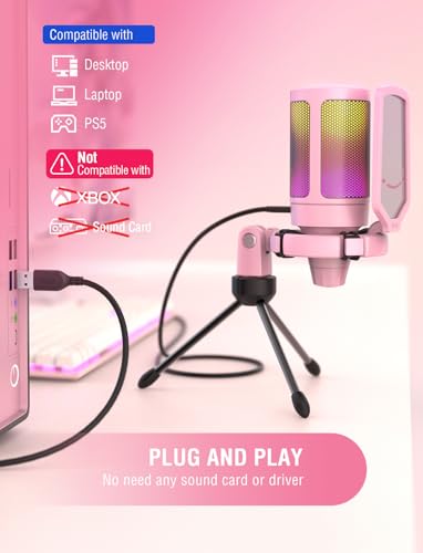FIFINE USB Gaming PC Microphone for Streaming Podcasts, AmpliGame RGB Computer Condenser Desktop Mic, Cardioid Pattern for YouTube Video, Plug and Play on PS4 PS5, with Quick Mute, Mic Gain-A6V Pink - color: Pink