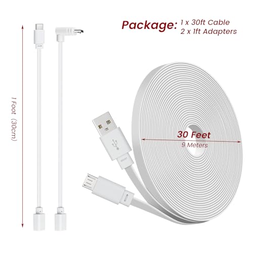 30ft Power Extension Cable Compatible with WYZE Duo Cam Pan, Pan v3, Cam v4/OG/v3 Pro Security Cameras - 9m Long Flat Charging Cord, with 18w Fast Charger 1ft USB-C and Micro-USB 90-Degree Adapters
