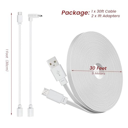 30ft Power Extension Cable Compatible with WYZE Duo Cam Pan, Pan v3, Cam v4/OG/v3 Pro Security Cameras - 9m Long Flat Charging Cord, with 18w Fast Charger 1ft USB-C and Micro-USB 90-Degree Adapters