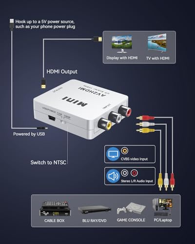 ABLEWE RCA to HDMI Converter, 1080P AV to HDMI RCA Composite CVBS Video Audio Converter Adapter Supporting PAL/NTSC for Xbox/PS2/Wii/SNES/N64/VHS/VCR/DVD - color: White