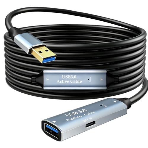 Tan QY USB 3.0 Active Extension Cable 16Ft,Type A-Male to A-Female Extender Cord with 1 Extension Chipsets Signal Booster and 1 USB-C Charging Port, for Webcam, USB Hub, Camera, Printer (16Ft/5M) - size: 16Ft/5M