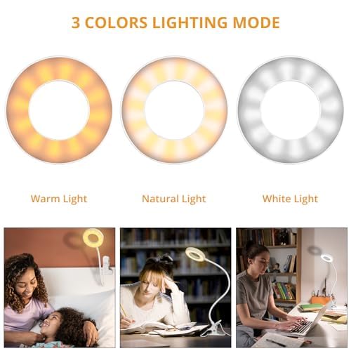Woputne Desk Clip on Lamp for Reading Home Office, with 5V 2A Adapter, 10 Dimmable Brightness 3 Modes, Clamp Reading Light for Bed Headboard, Craft (White) - size: White-1 Piece-Standard-With Adapter