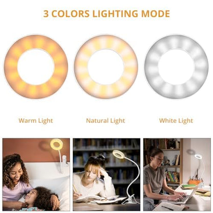 Woputne Desk Clip on Lamp for Reading Home Office, with 5V 2A Adapter, 10 Dimmable Brightness 3 Modes, Clamp Reading Light for Bed Headboard, Craft (White) - size: White-1 Piece-Standard-With Adapter