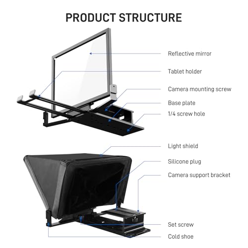 GVM 12" Teleprompter kit with Remote Control & App, Collapsible Teleprompter for iPad Tablet Phone DSLR Camera, Prompter with Carry Case, HD Refective Display, for Video Recording/Vlogger - size: 12inch