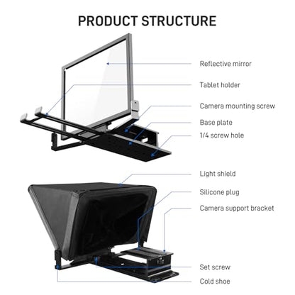 GVM 12" Teleprompter kit with Remote Control & App, Collapsible Teleprompter for iPad Tablet Phone DSLR Camera, Prompter with Carry Case, HD Refective Display, for Video Recording/Vlogger - size: 12inch