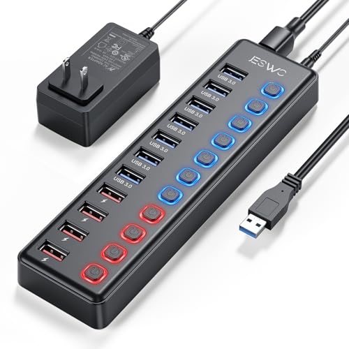 Powered USB Hub, JESWO 11-Port USB 3.0 Hub (7 Data Transfer Ports + 4 Smart Charging Ports) with Individual LED On/Off Switches, USB Hub Powered with 12V/3A Power Adapter for Mac, PC - style: 7+4 USB 3.0 Hub