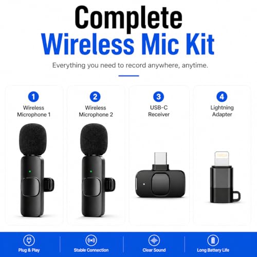 Acuvar Wireless Lavalier Microphone for iPhone & Android, 2 Pack Mini Wireless Mic, Plug & Play Clip On Microphone for Video Recording, Interview, Vlog with Adapter
