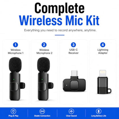 Acuvar Wireless Lavalier Microphone for iPhone & Android, 2 Pack Mini Wireless Mic, Plug & Play Clip On Microphone for Video Recording, Interview, Vlog with Adapter