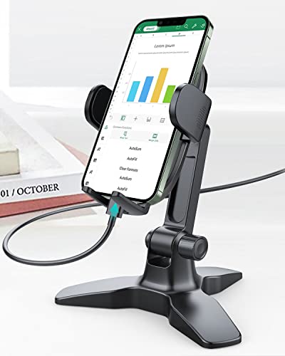 OQTIQ Cell Phone Stand for Desk with 360° Ball Head Swivel, Sturdy Heavy Duty Tripod Base, Thick Case Friendly, Home Office Desk Accessories Phone Stand for iPhone Android Phones