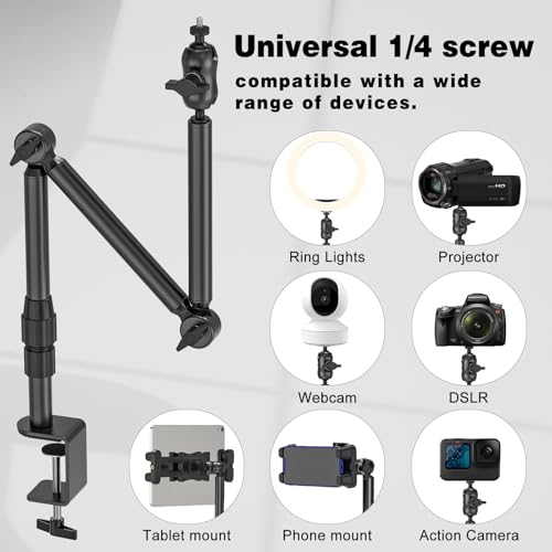 Overhead Camera Mount for Desk, 30.9" Foldable Camera Desk Mount Stand with 1/4" Screws, 360° Rotation 3-Sections Tabletop Holder with C-Clamp for DSLR, Digicam, Webcam, Mini Projector, Microphone