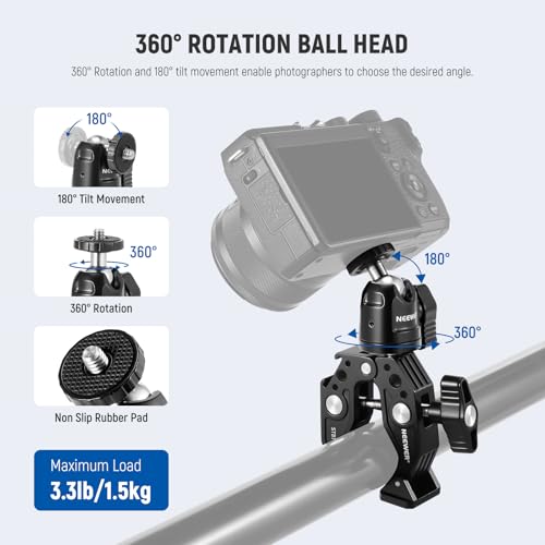 NEEWER ST87 Super Clamp Camera Mount with 360° Ball Head, Phone Holder, Cold Shoe, Action Camera Adapter for Bike Handlebar Pole Desk, Compatible with DJI Osmo Pocket 4 3 Xtra Muse GoPro Hero iPhone