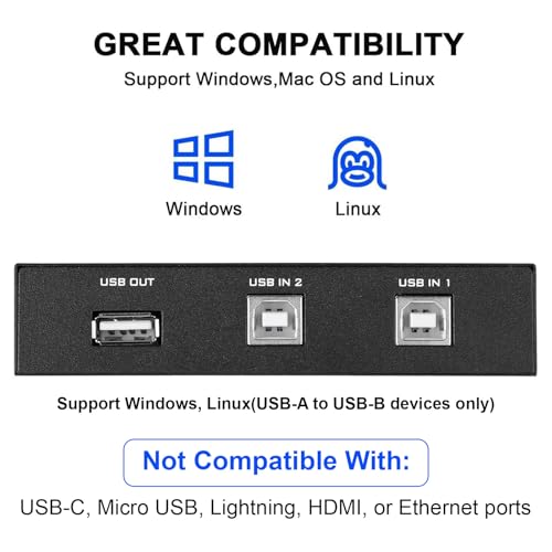 EEEKit 2 Port USB 2.0 Manual Sharing Switch Hub, Printer Scanner Splitter Adapter with 2 Pack USB A to B Cables
