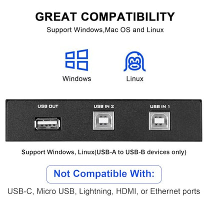 EEEKit 2 Port USB 2.0 Manual Sharing Switch Hub, Printer Scanner Splitter Adapter with 2 Pack USB A to B Cables