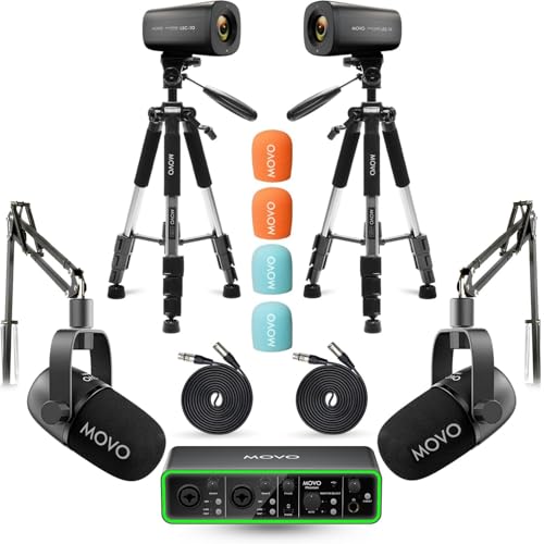 Movo Video Podcast Equipment Bundle – USB Audio Interface, 2 XLR Dynamic Microphones, 2 4K Cameras, 2 Boom Arms – Complete Podcast Setup