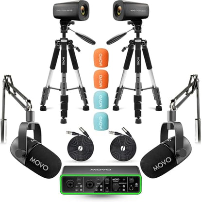 Movo Video Podcast Equipment Bundle – USB Audio Interface, 2 XLR Dynamic Microphones, 2 4K Cameras, 2 Boom Arms – Complete Podcast Setup