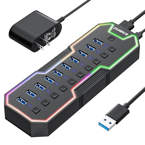 ZIUMIER Powered USB Hub, 10 Ports USB 3.0 Hub with RGB LED Strip | 12V/2A Power Adapter USB Extension,Individual LED On/Off Switches for Mac, PC, Desktop, Flash Drive, Mobile HDD