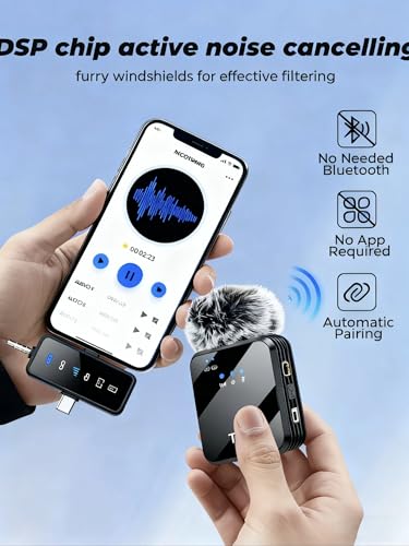 3 in 1 Wireless Lavalier Microphone for iPhone/Android/Camera,328ft Transmission, 18H Battery Life, Noise Reduction Lapel Mic for Record Interview, Vlogs, YouTube, Tiktok