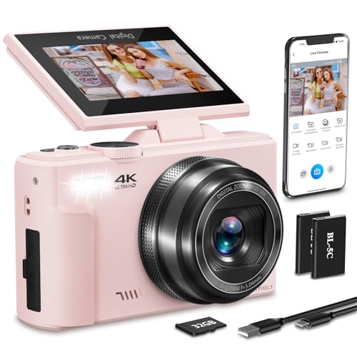 4K Digital Camera for Photography, 64MP HD WiFi Vlogging Camera for YouTube with 3" 180°Flip Screen, 18X Digital Zoom,Autofocus Compact Camera with Flash,32GB TF Card & 2 Batteries(Pink) - color: Pink